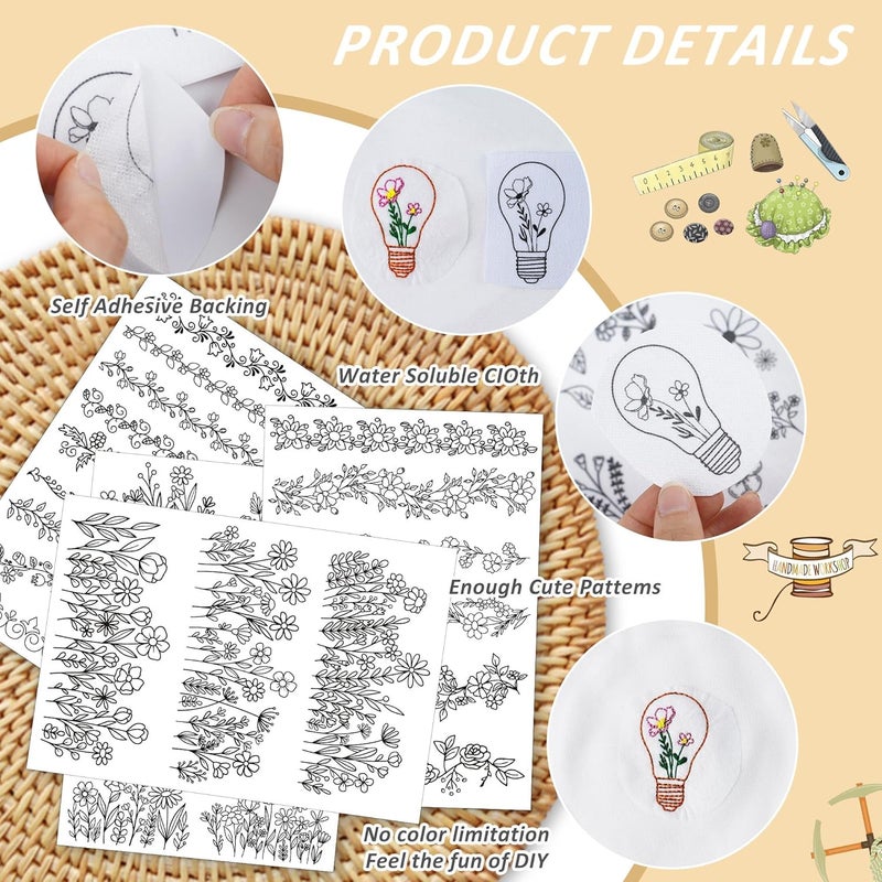 CRASHOT Water Soluble Stabilizer for Embroidery - Flower Stick & Stitch Embroidery Paper Wash Away, Floral Lace Frame Hand Sewing Embroider Patterns for Jean Bag T-Shirt (4 Sheets) - Image 4